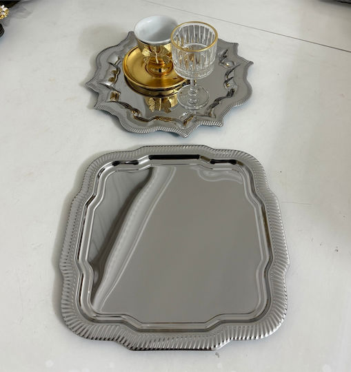 SteweHome Set 2 Stücke Dekorative Tabletts Aus Edelstahl Mit Wellenförmigem Quadratischem Muster Margeriten 24x24 cm