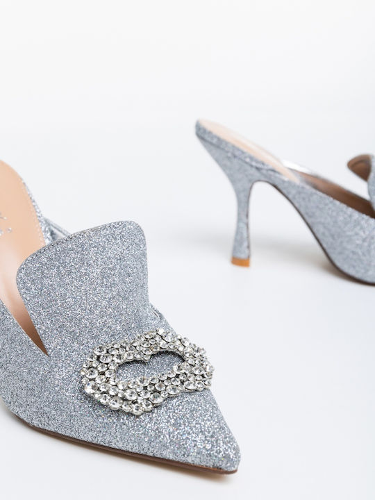 Damen Pantoletten mit Hoch Absatz in Silber Farbe