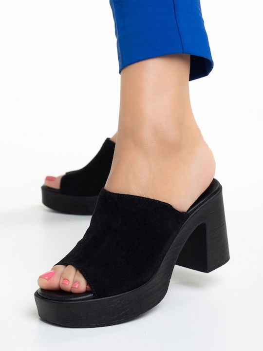 Suede Mules με Ψηλό Τακούνι σε Μαύρο Χρώμα