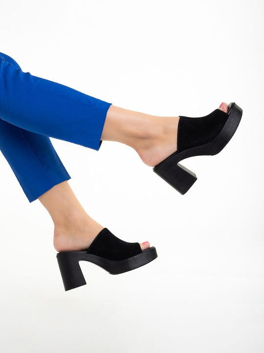Suede Mules με Ψηλό Τακούνι σε Μαύρο Χρώμα