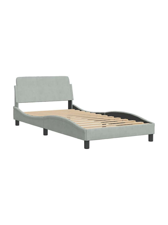 Pat Single Tapitat Cu Catifea Gri Deschis Cu Plăci Potrivit Pentru Saltea 100x203cm