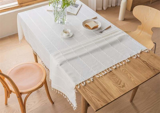 FRIPIA Leinen Tischdecke mit Stickerei Weiß 140x300cm