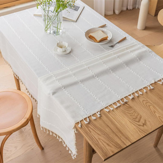 FRIPIA Leinen Tischdecke mit Stickerei Weiß 140x300cm