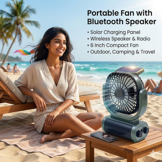 Ventilator Portabil Puternic Încărcare Solară Radio Fm Design Compact Bază Pliabilă Neagră