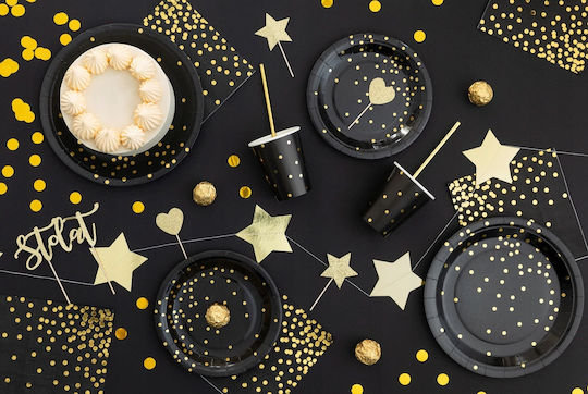 Black Plates Gold Dots Party 18cm 6pcs