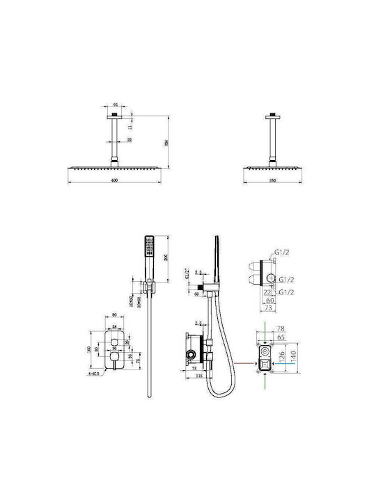Imex Built-in Mixer, Handset & Shower Head Set for Shower 2 Exits Gold