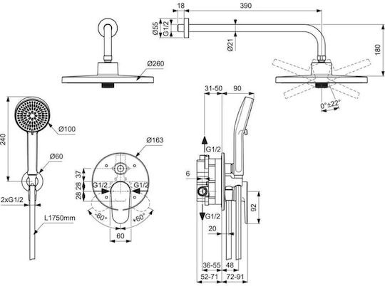 Ideal Standard Сет Миксер Телефон и Глава Душ Вградена за Душ Сребриста