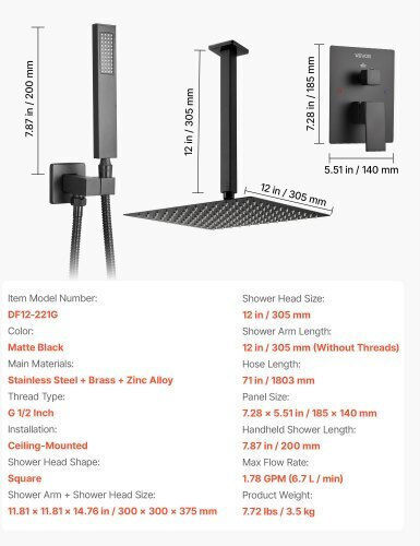 Vevor Built-in Mixer & Shower Head Set for Shower Black 197988529606