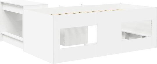 Pat Single pentru Copii cu Birou Alb pentru Saltea 80x200cm