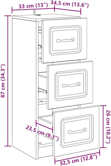 Sertar De Depozitare Din Lemn Cu 3 Sertare M33xL34.5xÎ87cm