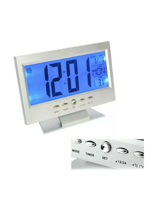 Επιτραπέζιο Ψηφιακό Ρολόι LCD με Ξυπνητήρι Ασημί DS-8082