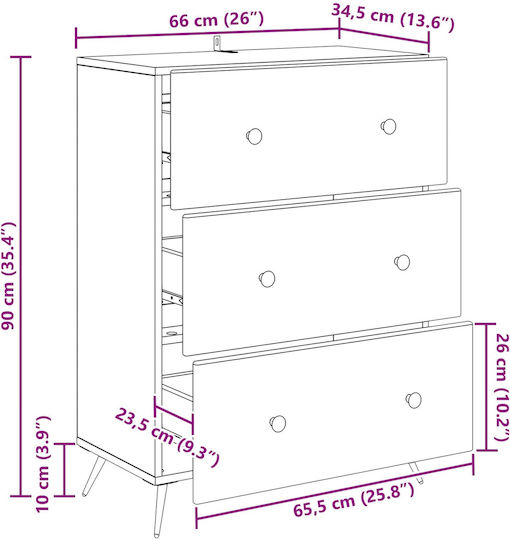 Bedroom Chest of Drawers Wood & Metal 66x34.5x90cm