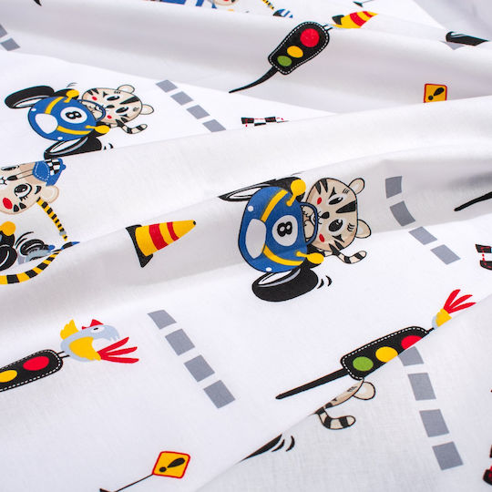 Dimcol Single Cotton Sheet Set Animal Grand Prix 589 White-Blue 160x240cm 3pcs