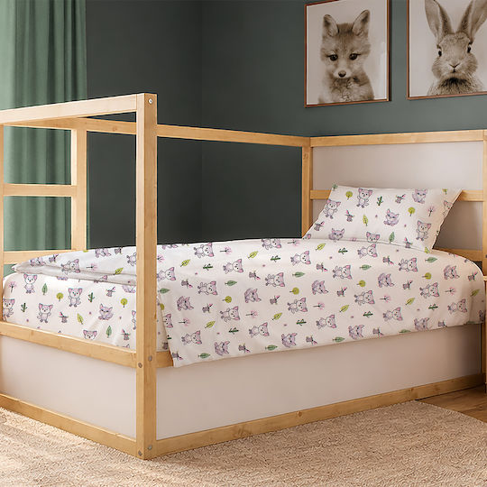 Dimcol Сет Единични Памучни Спални Комплекти Baby Foxes 594 Бяло-Пастелно Лилаво 160x240cm 2 броя