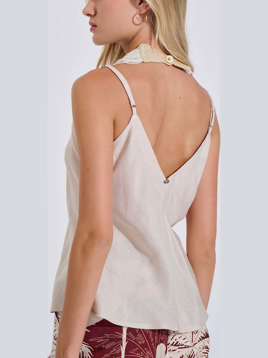 Damen Sommer Leinen Bluse mit Spaghetti-Träger und V-Ausschnitt Beige