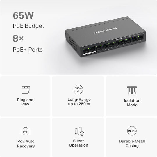 Mercusys MS110P v1 L2 PoE+ Switch με 10 Θύρες Gigabit (1Gbps) Ethernet