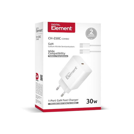 Element Φορτιστής GaN με Θύρα USB-C και Καλώδιο USB-C - USB-C 30W Power Delivery Λευκός (CH-250C)