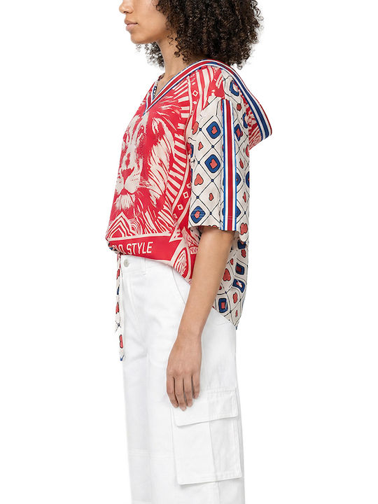 Women's Short Sleeve Hoodie Blouse Ecru- Red- Blue
