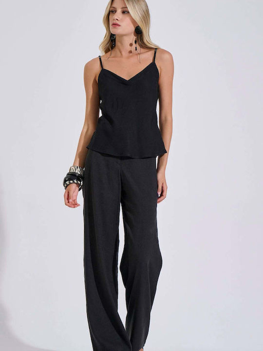 Women's Summer Linen Blouse with Spaghetti Straps & V-Neck Black