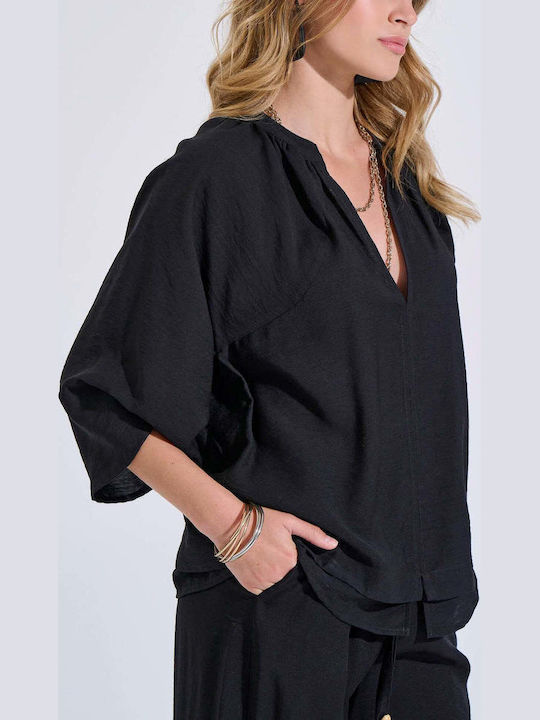 Women's Blouse with 3/4 Sleeve & V Neckline Black