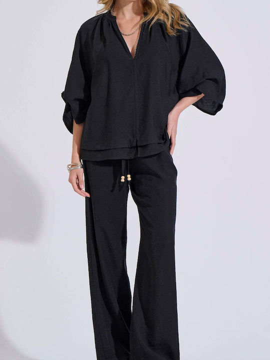 Women's Blouse with 3/4 Sleeve & V Neckline Black