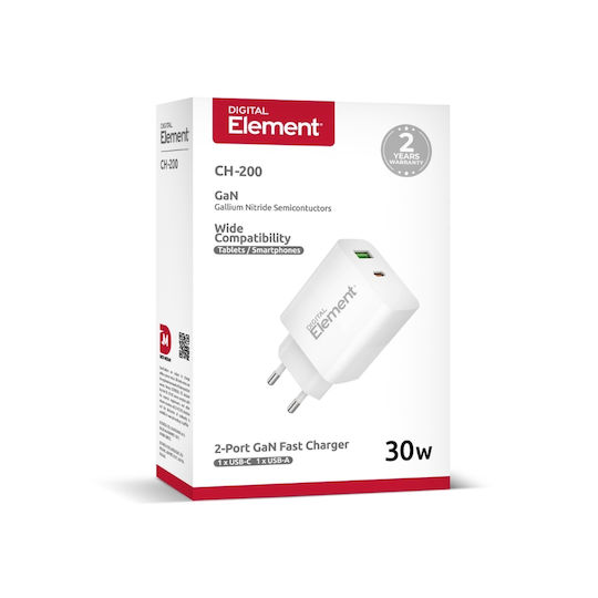 Element Φορτιστής Χωρίς Καλώδιο GaN με Θύρα USB-A και Θύρα USB-C 30W Power Delivery Λευκός (CH-200)