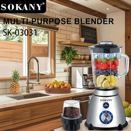 Sokany Μπλέντερ με Γυάλινη Κανάτα 1.5 lt 800W Inox SK-03031