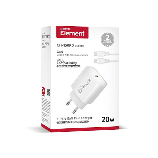Element Φορτιστής GaN με Θύρα USB-C και Καλώδιο USB-C - Lightning 20W Power Delivery Λευκός (CH-150PD)