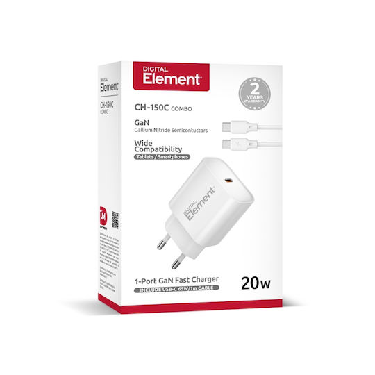 Element Φορτιστής GaN με Θύρα USB-C και Καλώδιο USB-C - USB-C 20W Power Delivery Λευκός (CH-150C)