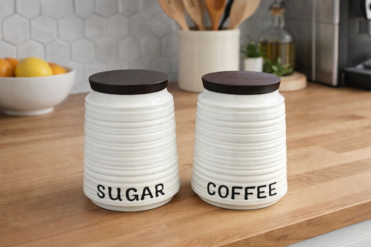 AGC Set 2 Pieces Sugar Coffee Jars with Lid Ceramic White 12x12x14.5cm