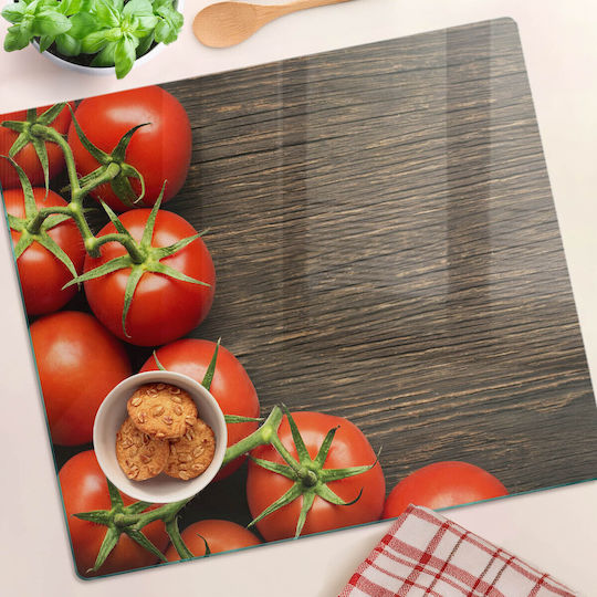 Placă De Protecție Pentru Blatul De Bucătărie Din Sticlă Securizată Roșii Pe Lemn 60x52 Cm