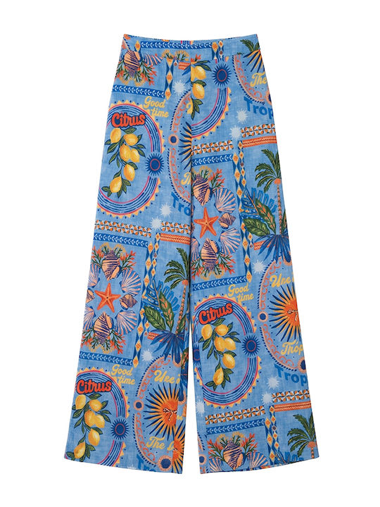 Women's High Waist Pantaloons with Rubber Band in Wide Leg Style Yellow-Orange-Blue