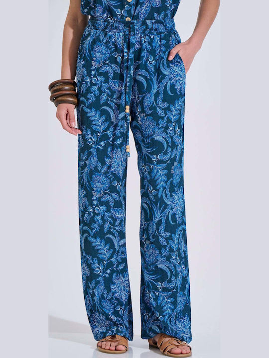 Women's Pantaloons with Rubber Band in Loose Fit Floral Blue