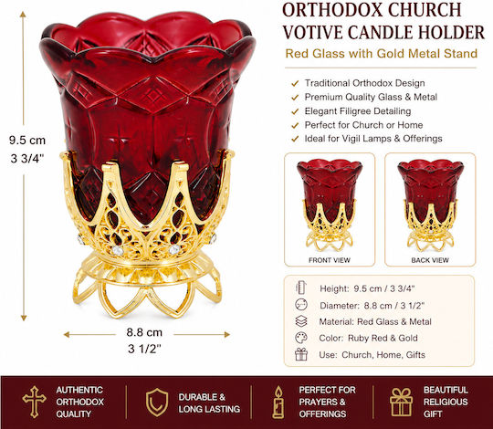 Red Vigil Oil Lamp Candle Cup Gold Base With Small Diamonds 9.5 X 8.8cm
