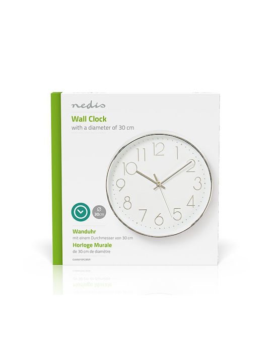 Nedis Стенен часовник Пластмаса White/Silver Ø30см