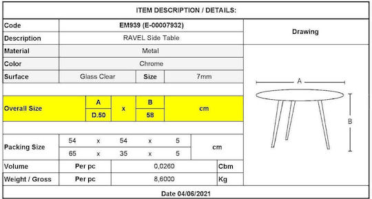 Rund Beistelltisch Ravel Glas Transparent M50xL50xH58cm EM939