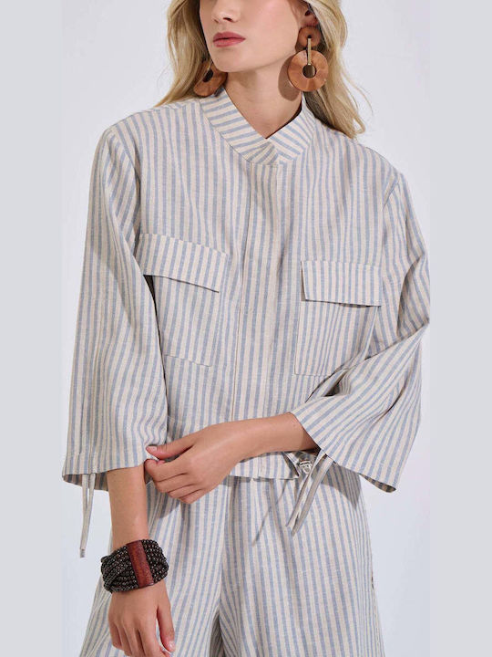 Short Sleeve Women's Linen Shirt Light Blue Striped
