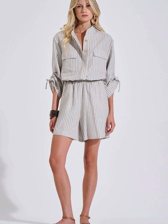 Short Sleeve Women's Linen Shirt Light Blue Striped