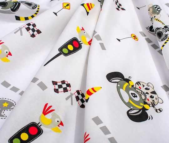 Dimcol Детски Чаршаф За Количка Памучен с Ластик Animal Grand Prix 590 Бял 70x140см