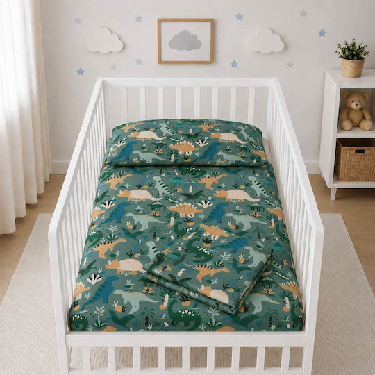 Astron Italy Set Baby Crib Cotton Fitted Sheets Dinosaurs Multicolour 170x130cm 3 Pieces