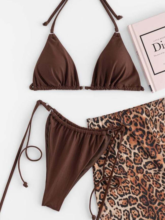 Set Bikini 3 Τεμαχίων Τριγωνάκι Animal Print Καφε Σκουρο