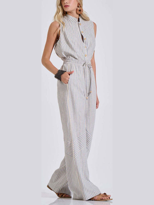 Γυναικείο Λινό Παντελόνι με Λάστιχο σε Ίσια Γραμμή Ριγέ Γαλάζιο