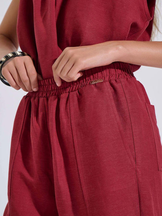 Women's Linen Trousers with Elastic Burgundy