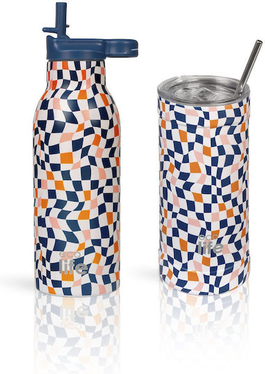 Ecolife Ecolife Thermosflasche Rostfreier Stahl / Aluminium / Kunststoff BPA-frei 500ml Farbe Quadrate mit Stroh