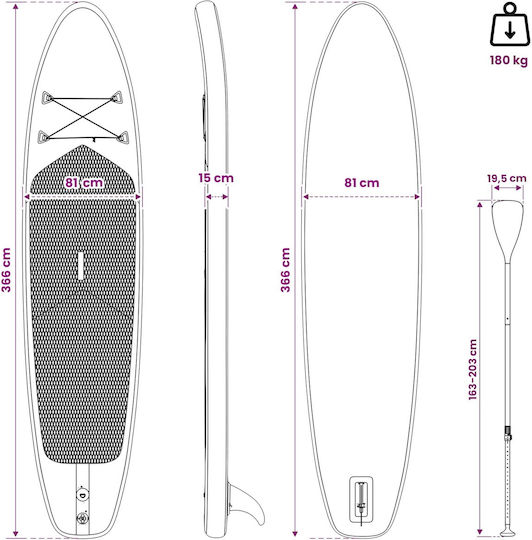 vidaXL Φουσκωτή Σανίδα SUP με Μήκος 3.66m Τιρκουάζ