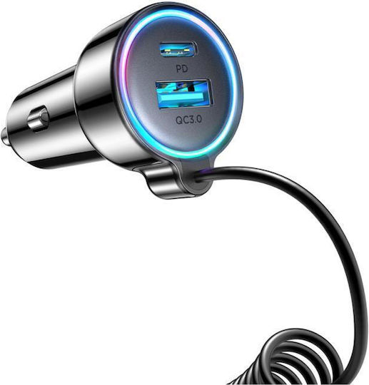 Joyroom JR-CL07 Φορτιστής Αυτοκινήτου 90W 3A με Θύρες: 1xUSB 1xType-C μαζί με Καλώδιο Type-C Μαύρο Χρώμα