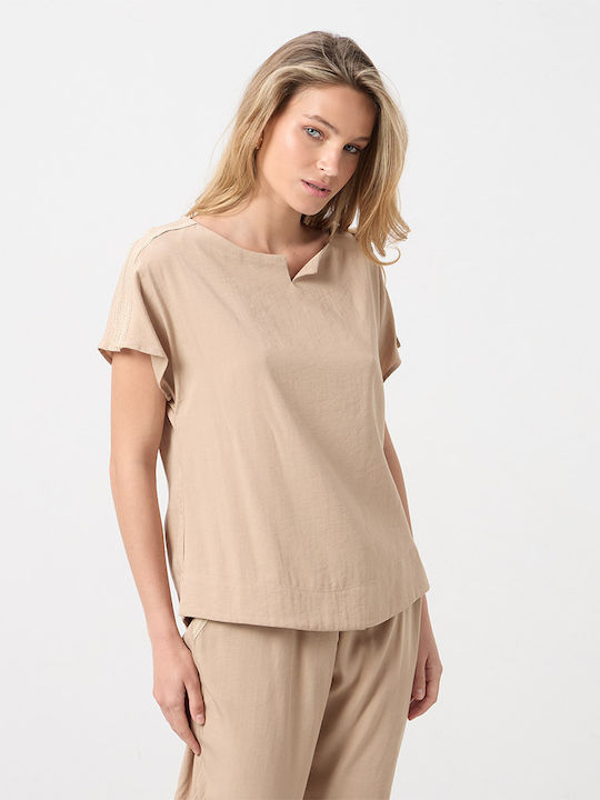 Damen Bluse Kurzärmelig Beige