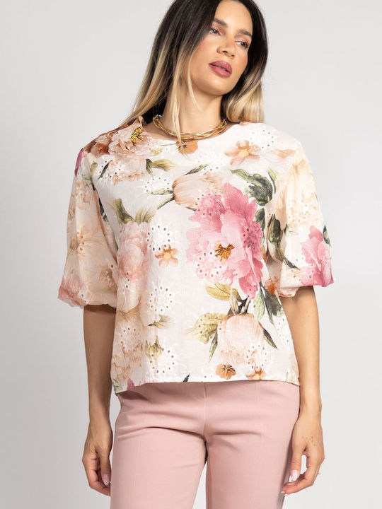 Damenbluse Baumwoll-Kurzärmelig Blumen Weiß