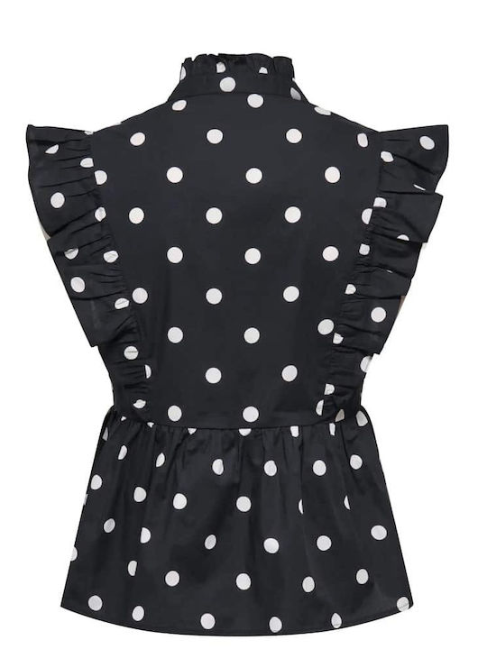 Women's Cotton Sleeveless Top with V-Neck Polka Dot Black