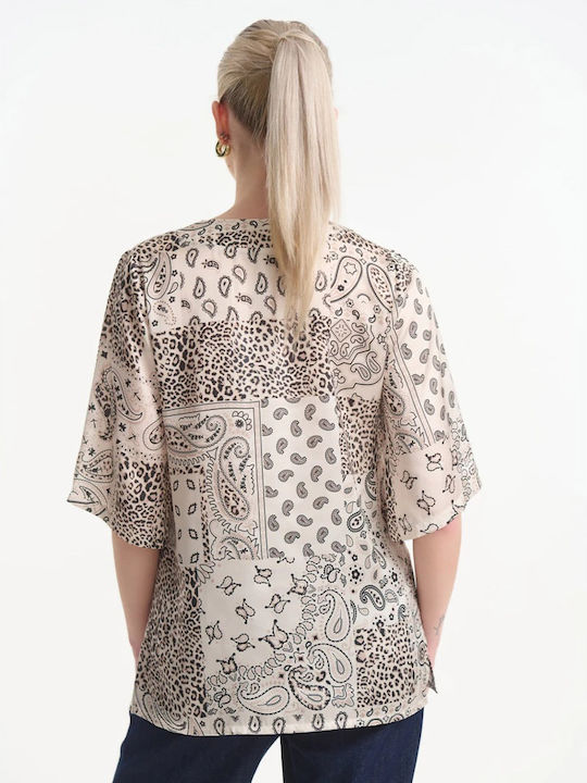 Women's Satin Short Sleeve Blouse with V-Neckline Beige